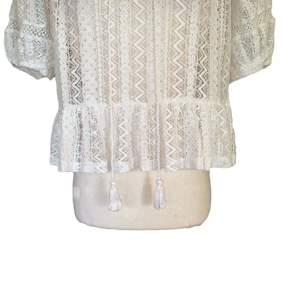 Mango MNG White Eyelet Lace Smocked Ruffle Tie Front Tassel Cropped Blouse - XS - Picture 4 of 9